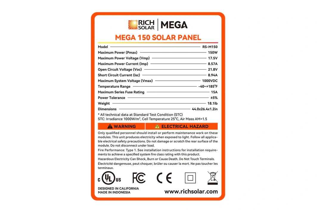 Rich MEGA 150 Watt 12v Solar Panel