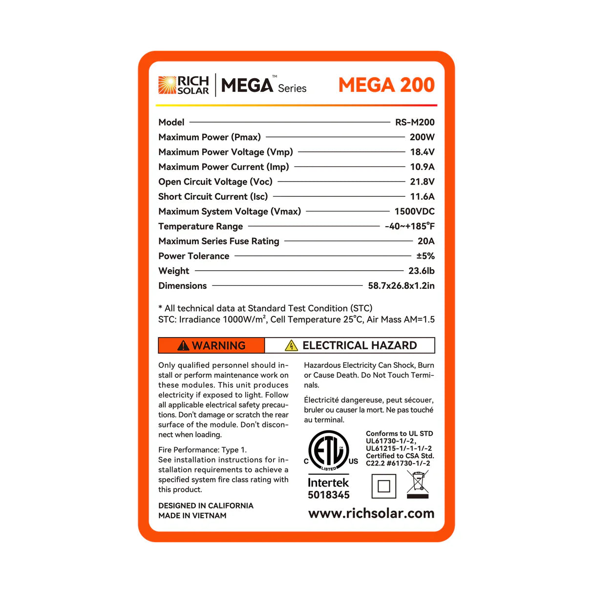 Rich MEGA 200 Watt 12v Solar Panel