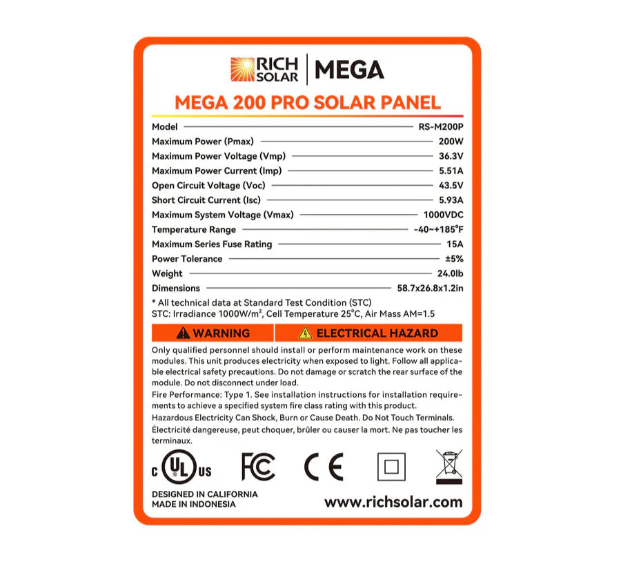 Rich MEGA PRO 200 Watt 24v Solar Panel | 25-Year Output Warranty | UL Certified