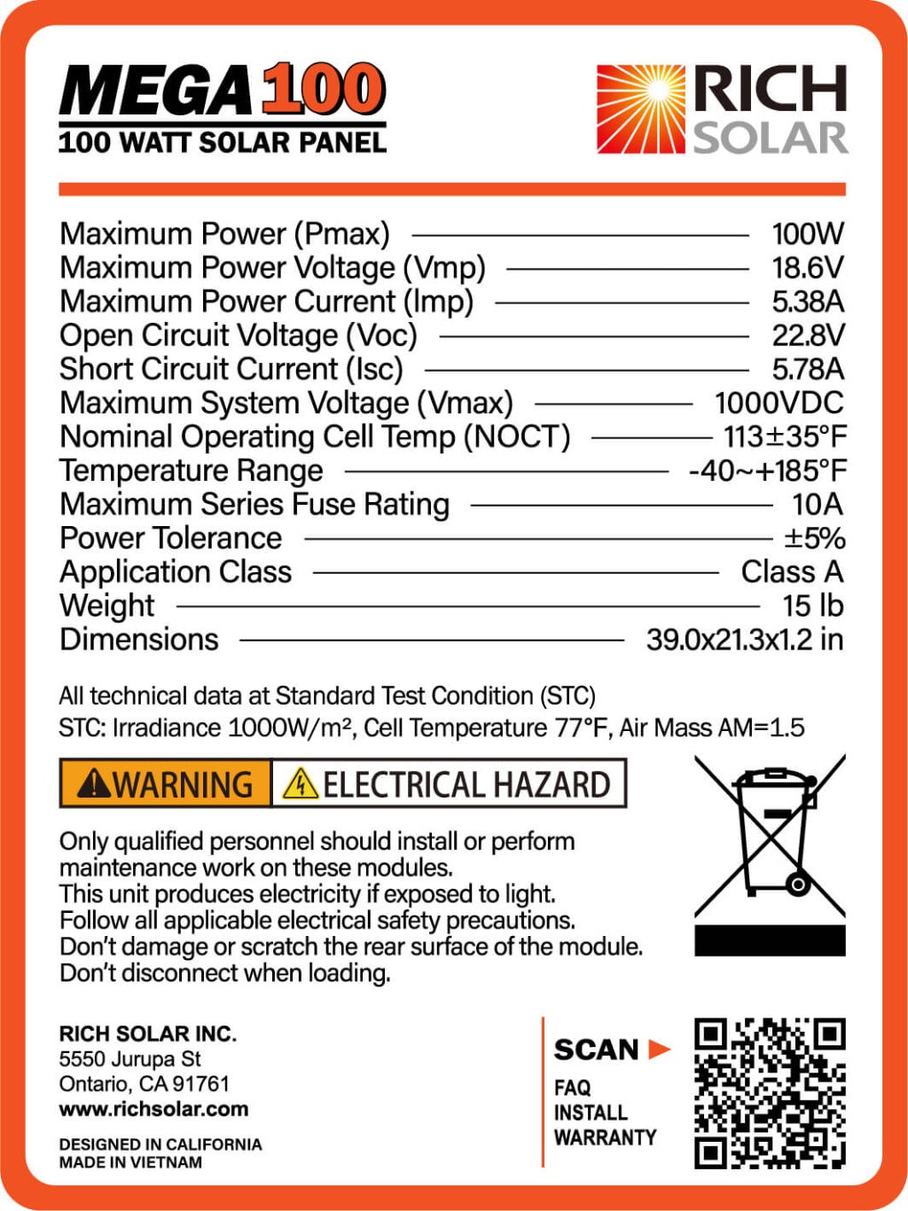Rich MEGA 100 Watt 12V Solar Panel | Compact