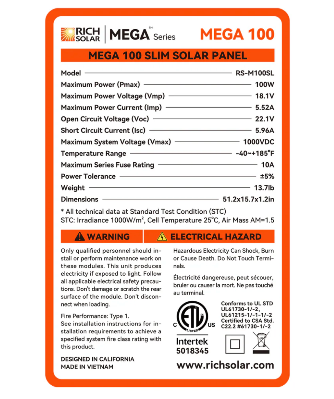 Rich MEGA 100 Watt Slim Solar Panel | 12v
