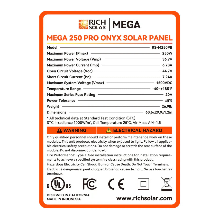 Rich MEGA PRO 250 Watt Monocrystalline Solar Panel | 24V