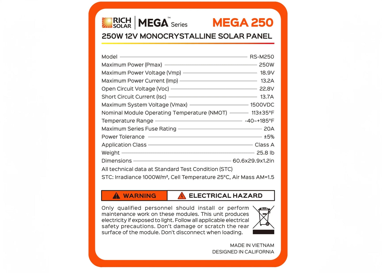 Rich MEGA 250 Watt Monocrystalline Solar Panel | 12V